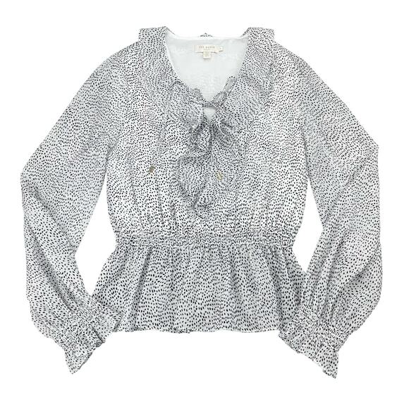 TED BAKER Alyanna Lace Up Ruffle Front Textured Long Sleeve Blouse Top Sz 4 - Picture 5 of 9